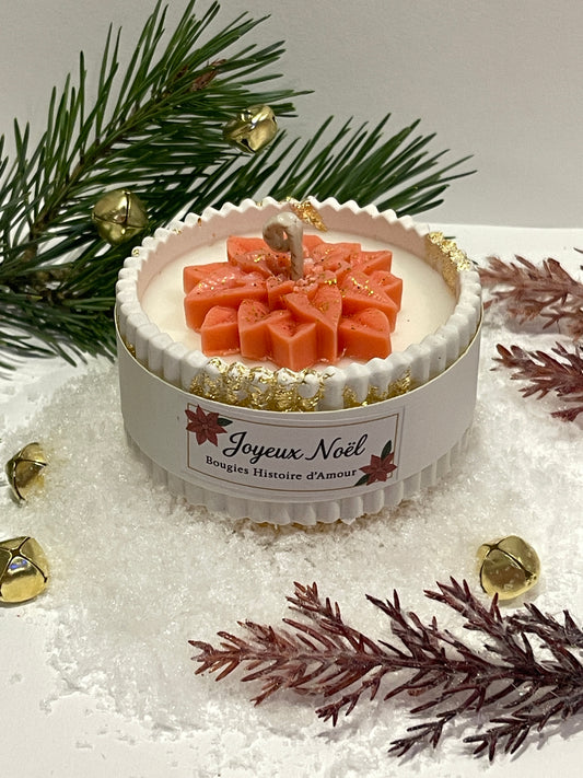 Bougie de Noël artisanale – Poinsettia & Or, vas en jesmonite fait main