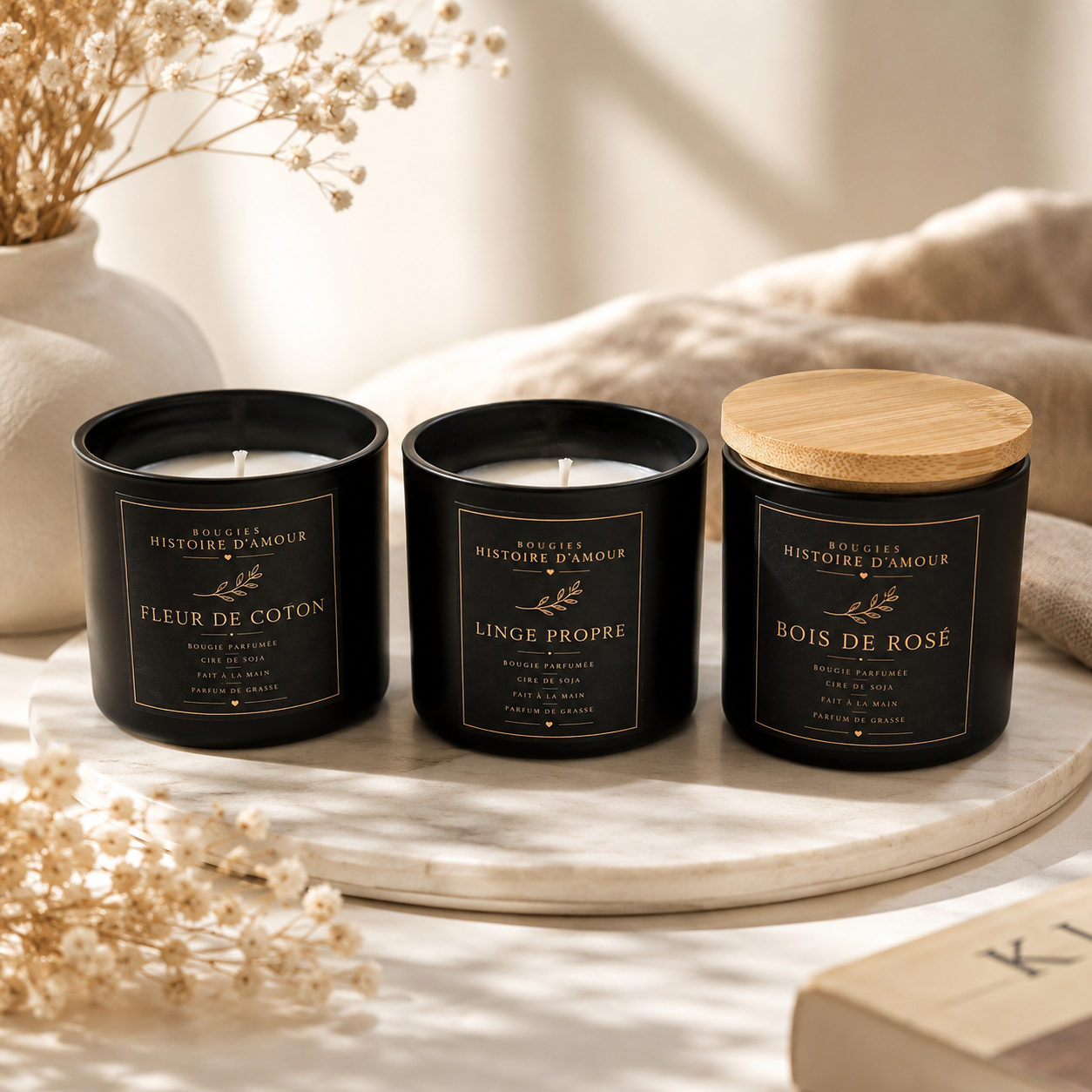 Bougie Parfumée Noir Mat – Cire de Soja & Parfum de Grasse