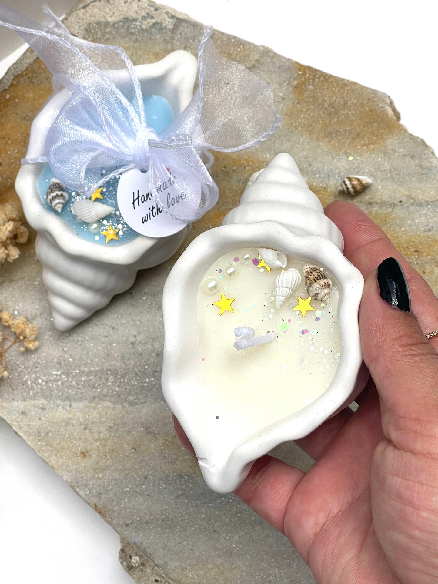 Bougie artisanale en coquillage – Fait main en jesmonite & cire parfumée