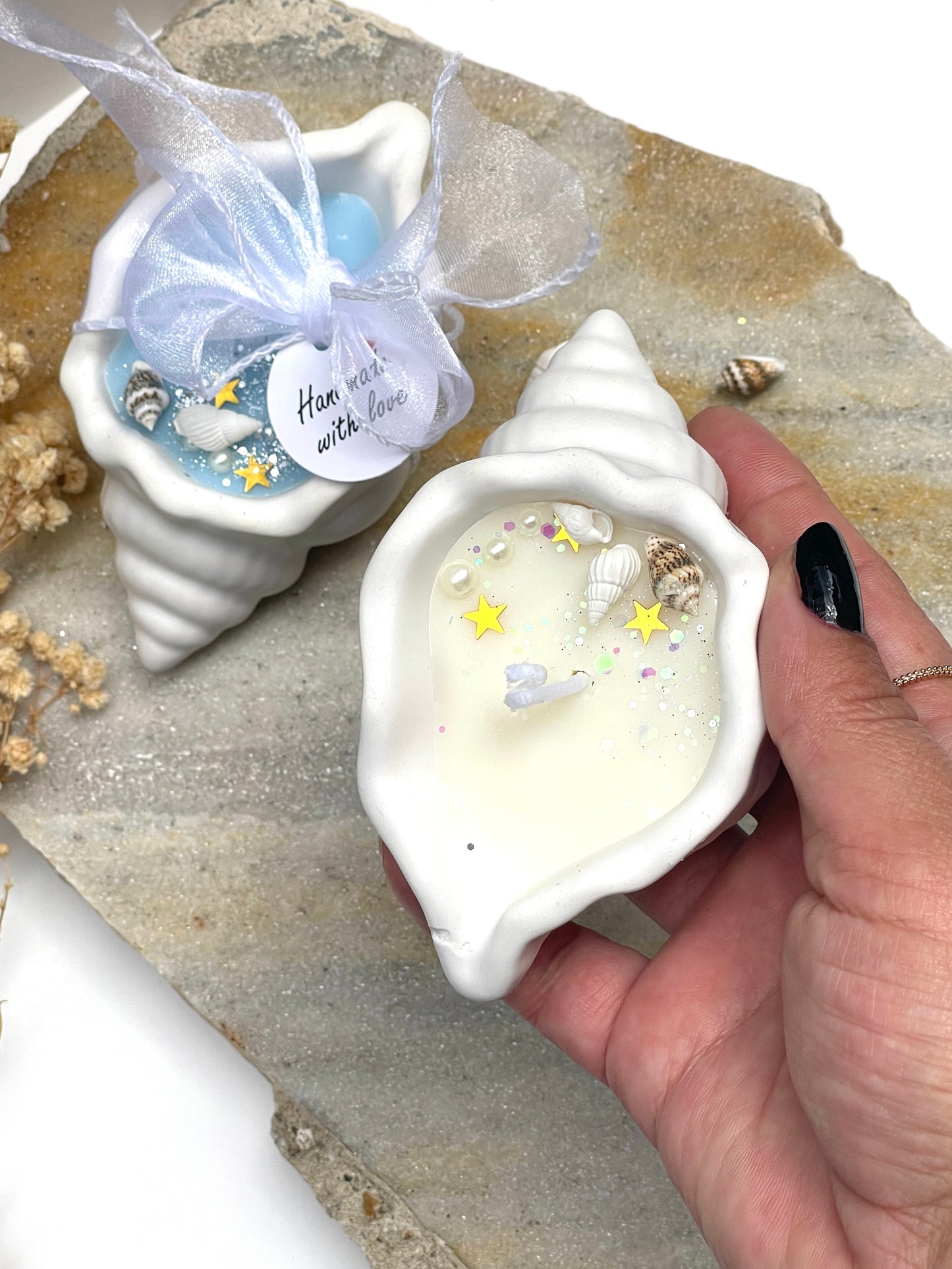 Bougie artisanale en coquillage – Fait main en jesmonite & cire parfumée
