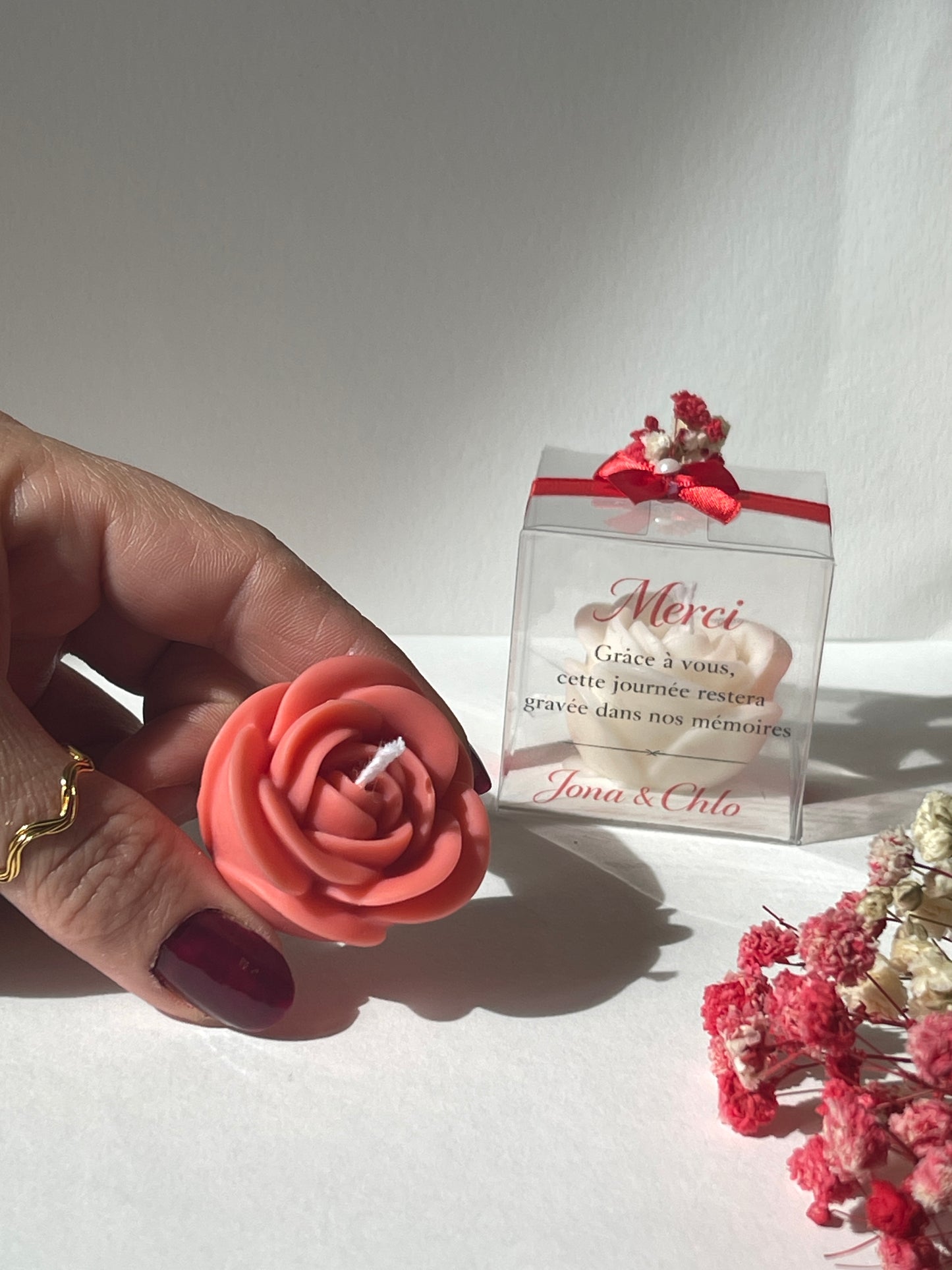 Bougie Rose personnalisée – Cadeau invités mariage, baptême ou événement