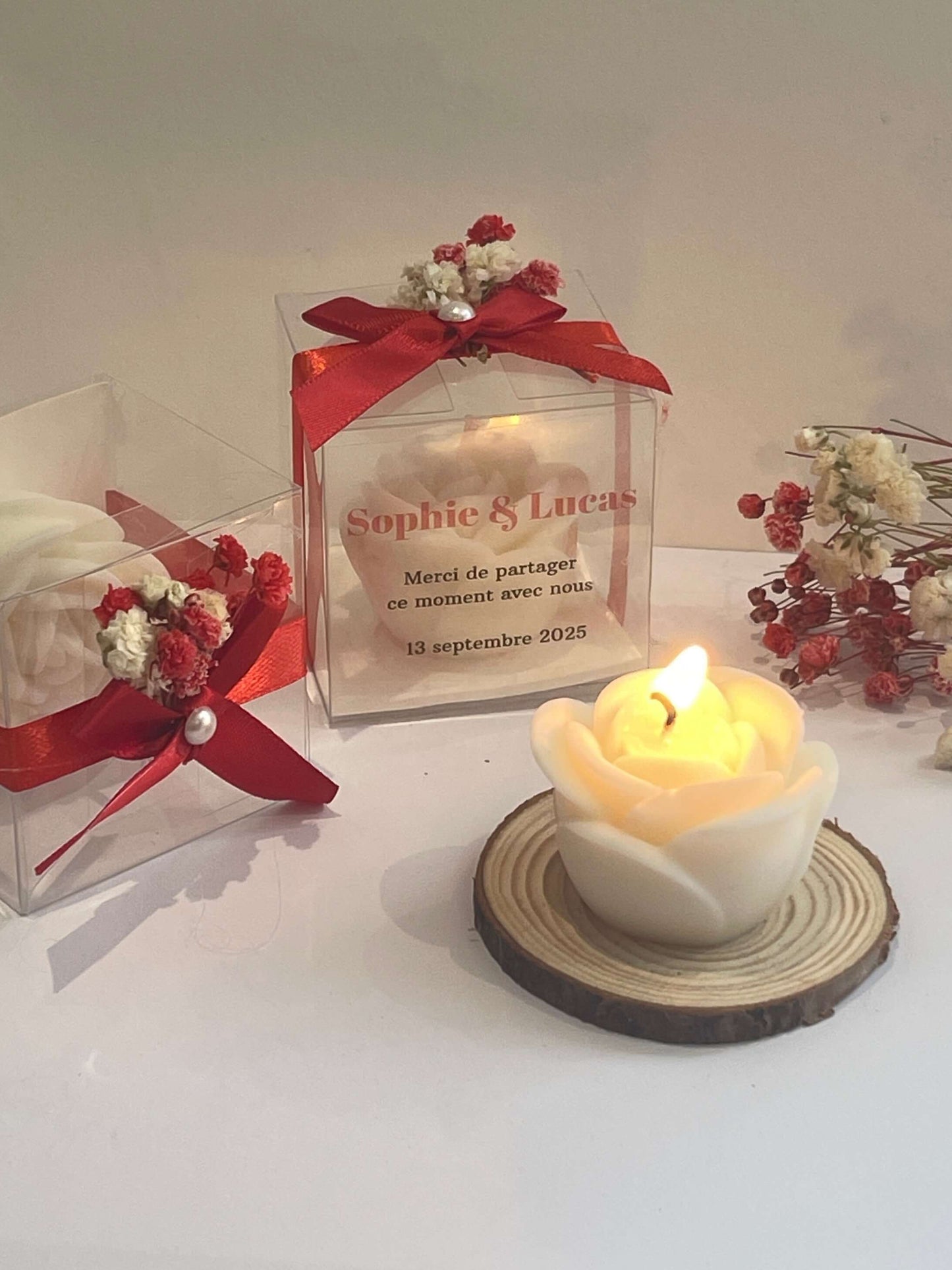 Bougie Rose personnalisée – Cadeau invités mariage, baptême ou événement
