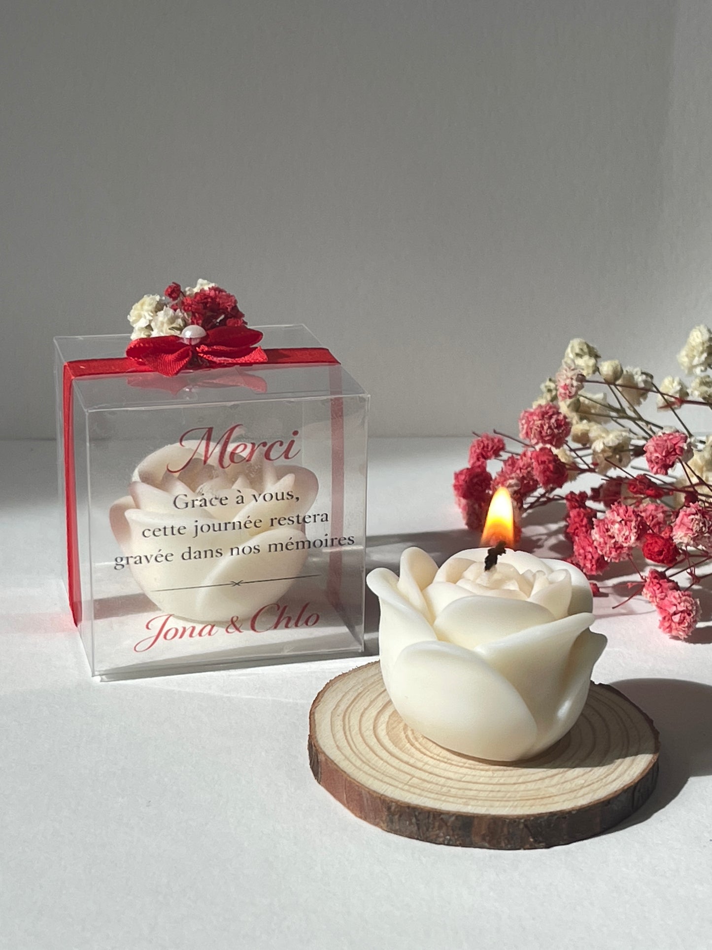 Bougie Rose personnalisée – Cadeau invités mariage, baptême ou événement