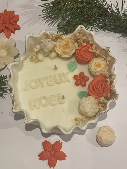 Bougie “Joyeux Noël” dans Vase en Jesmonite – Création Florale Unique