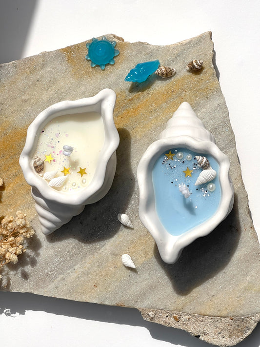Bougie artisanale en coquillage – Fait main en jesmonite & cire parfumée
