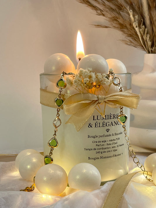Bougie parfumée élégante – Perles nacrées & Bracelet surprise
